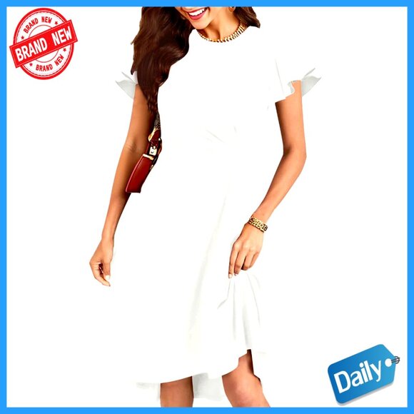 Elegant Ruffle Sleeve Ruched Waist Flowy A-Line Midi Cocktail Party Dress